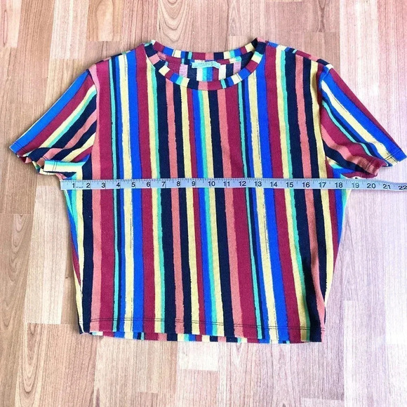 Zara Trafaluc Striped Boxy Ribbed Knit Short-Sleeve T-Shirt, Size Large - Picture 4 of 5